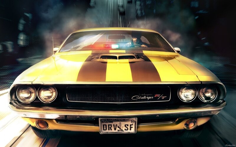 Yellow Muscle Car — Dramatic, Night, Digital Art, Driver, Smoke, Police Lights