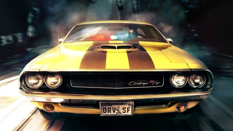 Yellow Muscle Car — Dramatic, Night, Digital Art, Driver