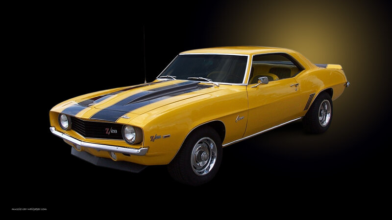 Yellow Muscle Car — Dramatic, Photograph, Black Stripes, Chrome Wheels