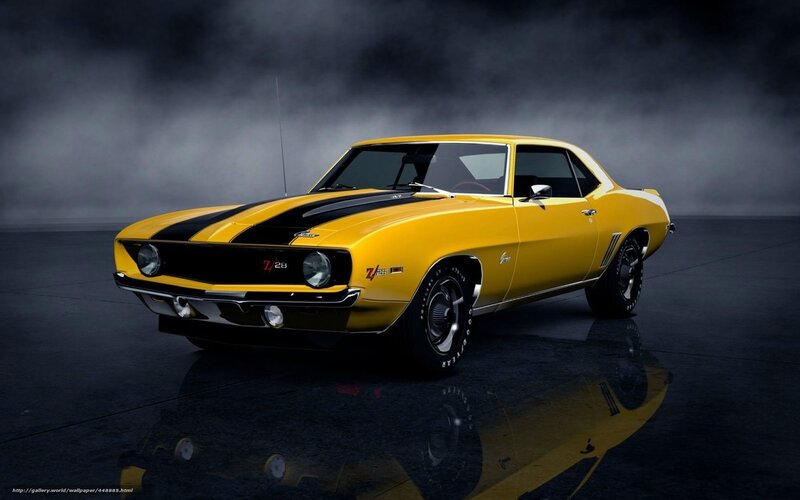 Yellow Muscle Car — Dramatic, Photograph, Black Stripes, Smoke
