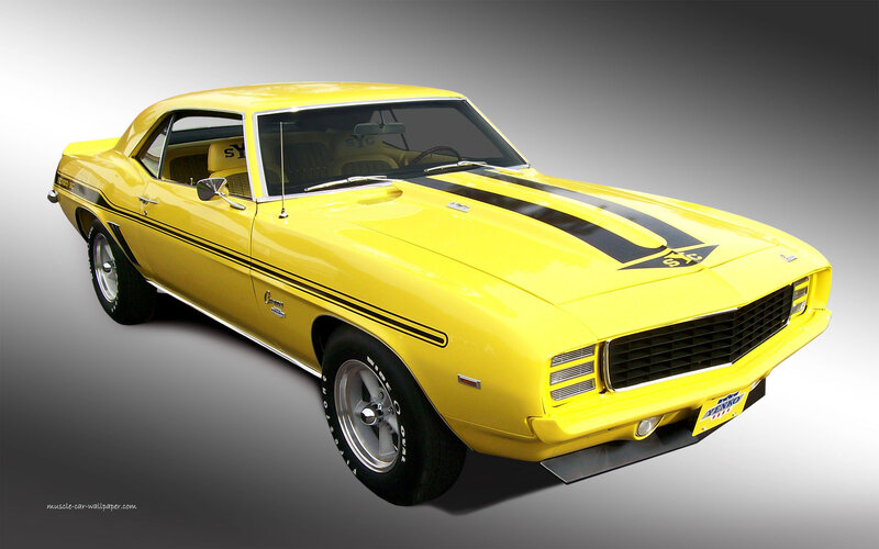 Yellow Muscle Car — Dramatic, Photograph, Black Stripes