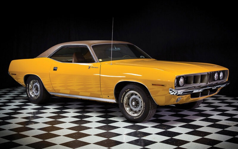 Yellow Muscle Car — Dramatic, Photograph, Checkered Floor, Antenna