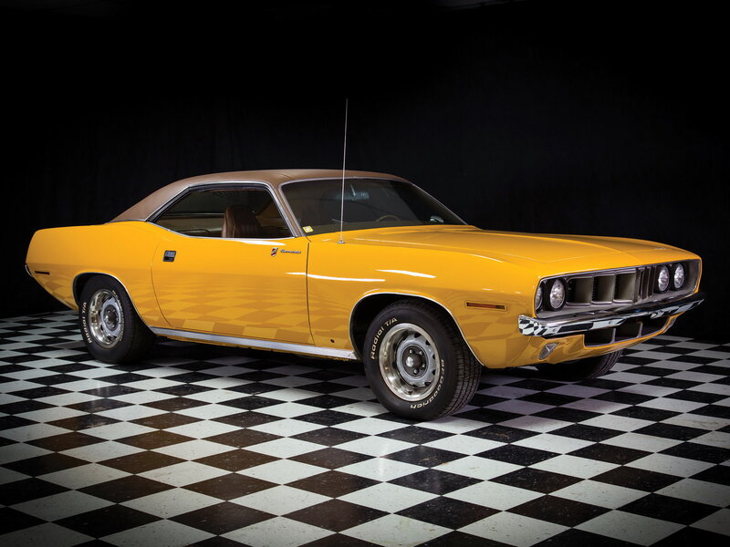 Yellow Muscle Car — Dramatic, Photograph, Checkered Floor