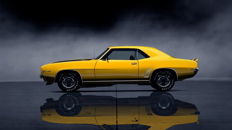 Yellow Muscle Car — Dramatic, Photograph, Reflection