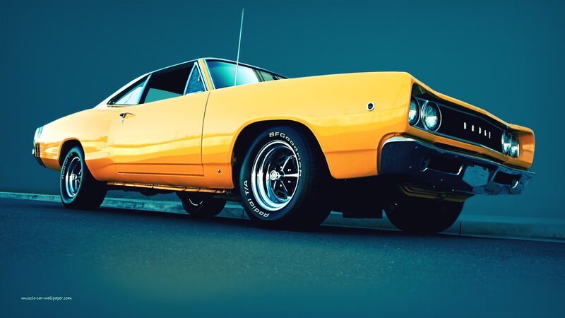 Yellow Muscle Car — Dramatic, Photograph, Road, Antenna, Blue