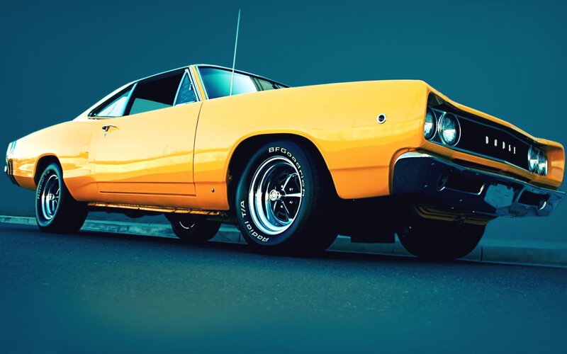Yellow Muscle Car — Dramatic, Photograph, Road, Antenna