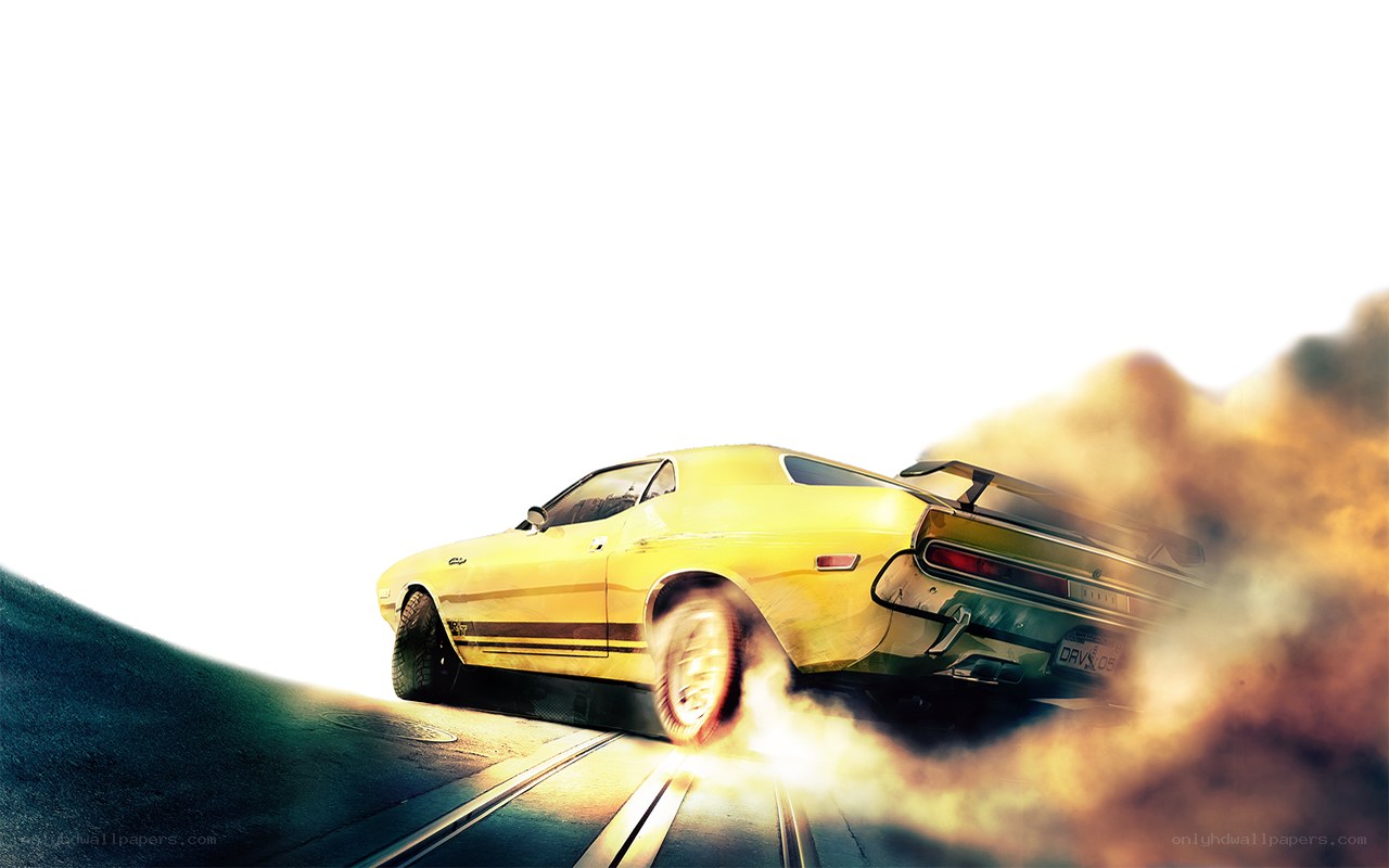 Yellow muscle car drifting