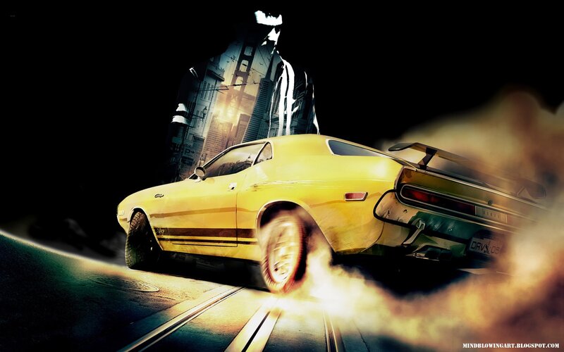 Yellow Muscle Car Drifting — Dramatic, Night, Digital Art, Smoke