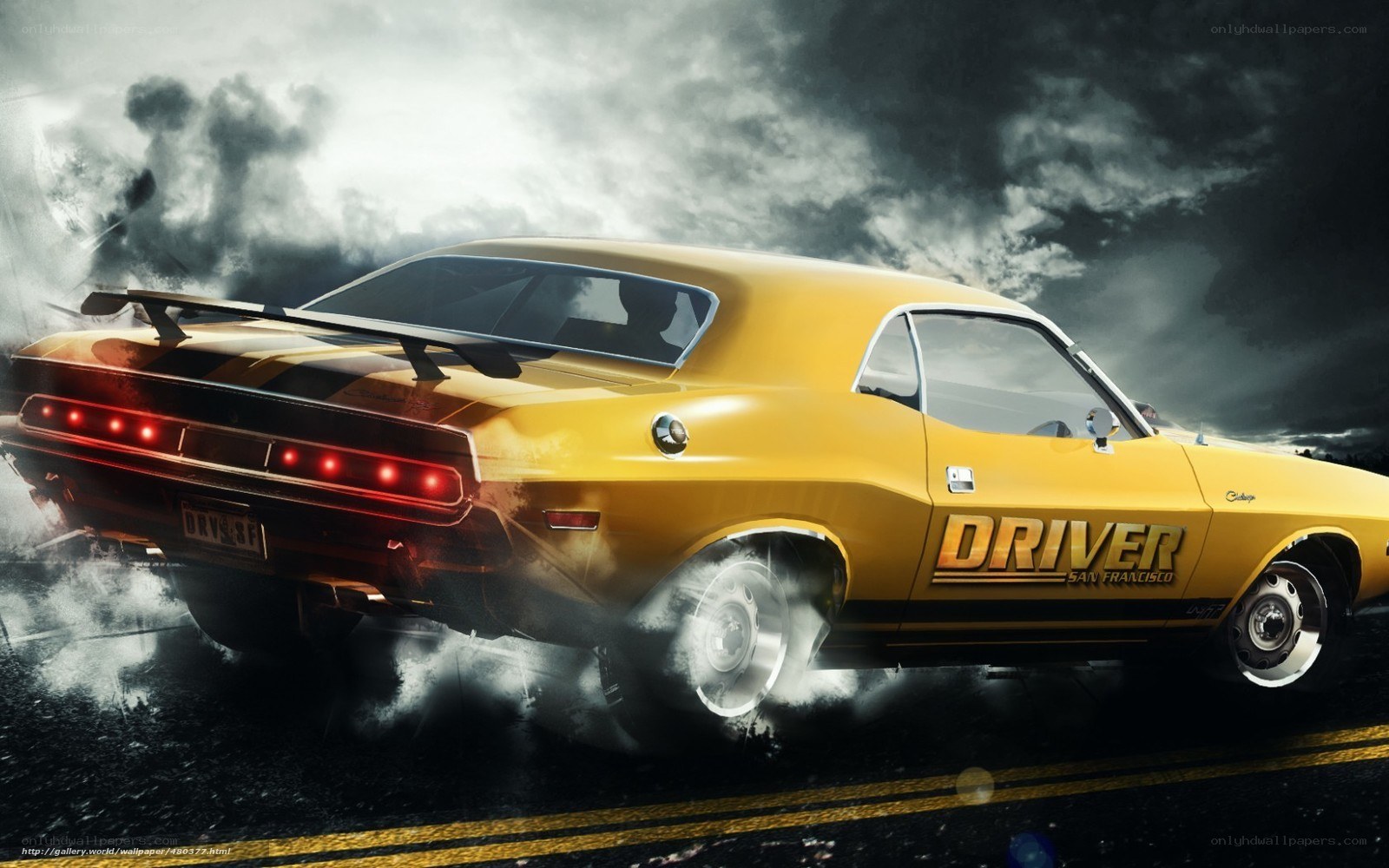 Yellow muscle car drifting