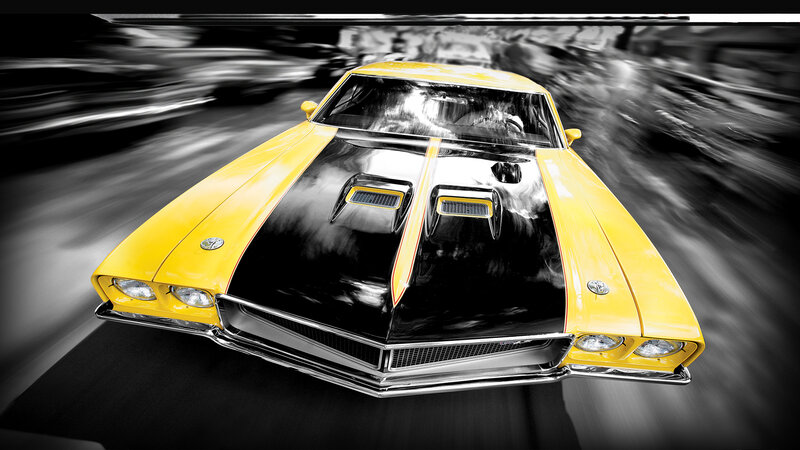 Yellow Muscle Car — Dynamic, Photograph, Hood, Grille, Black, White