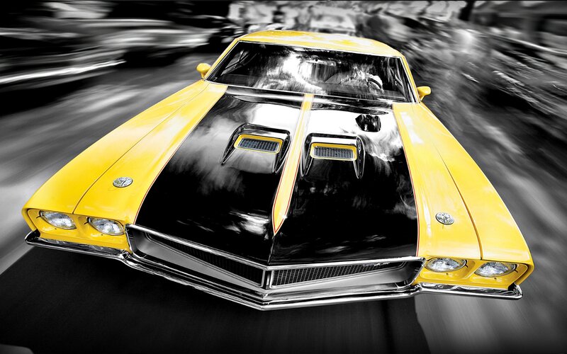 Yellow Muscle Car — Dynamic, Photograph, Hood