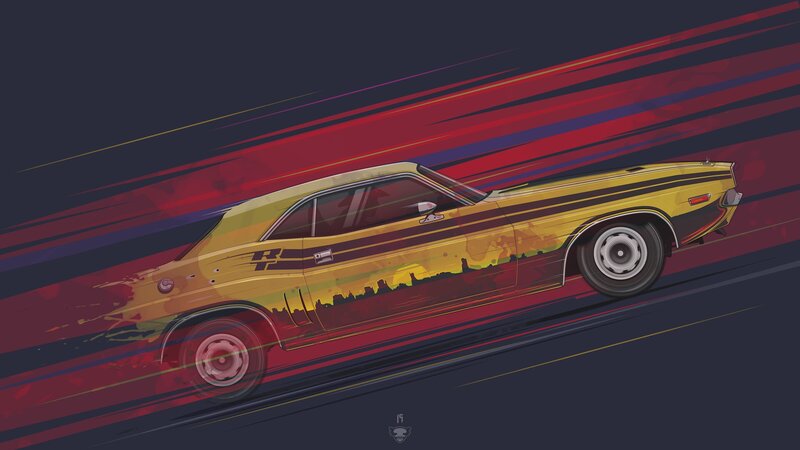 Yellow Muscle Car — Dynamic, Sunset