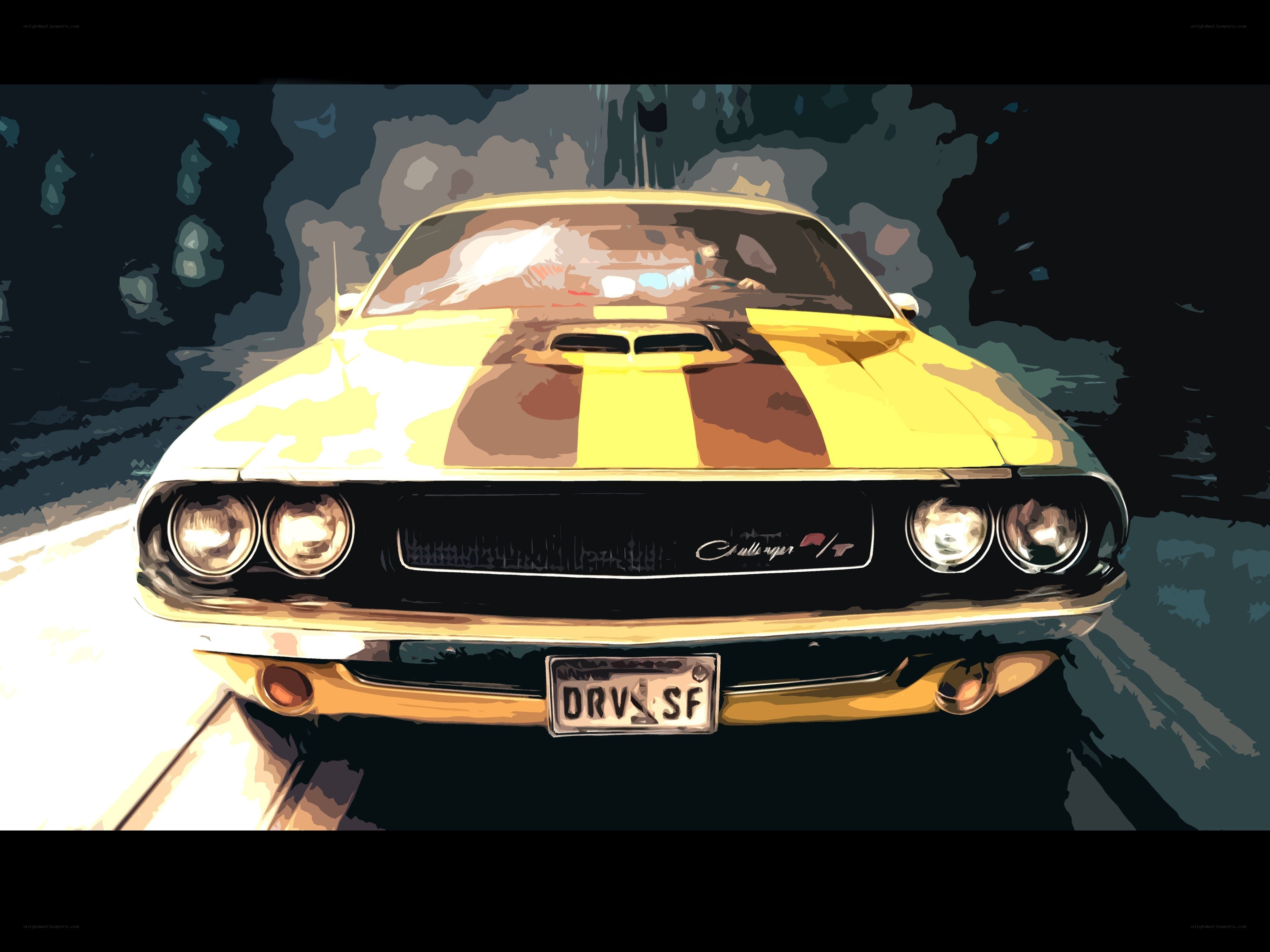 yellow muscle car front view