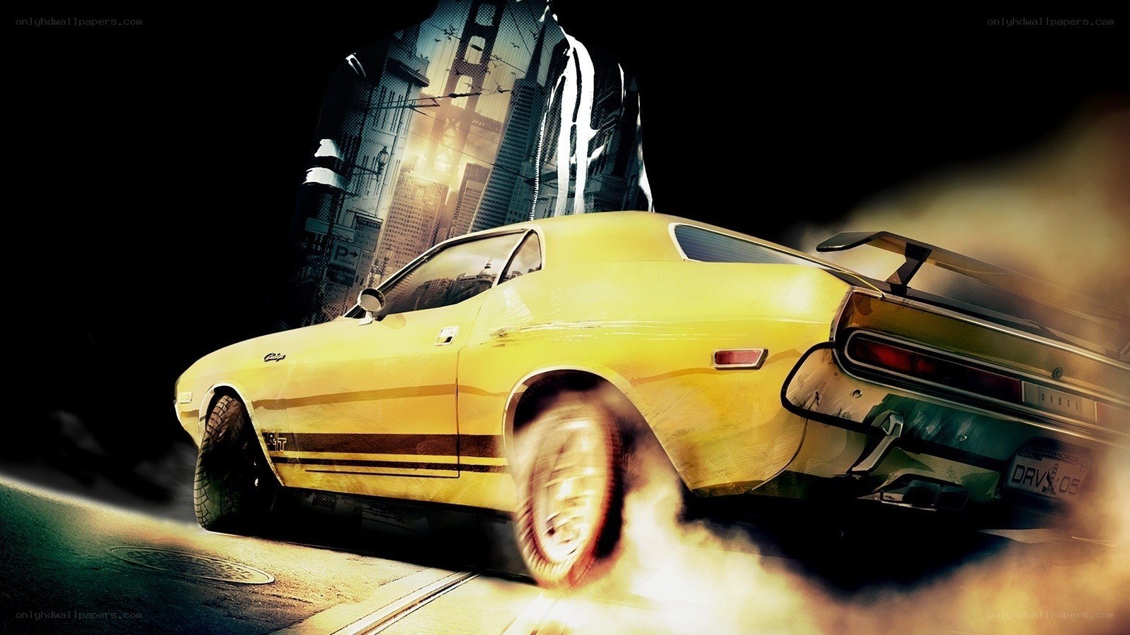 yellow muscle car in city