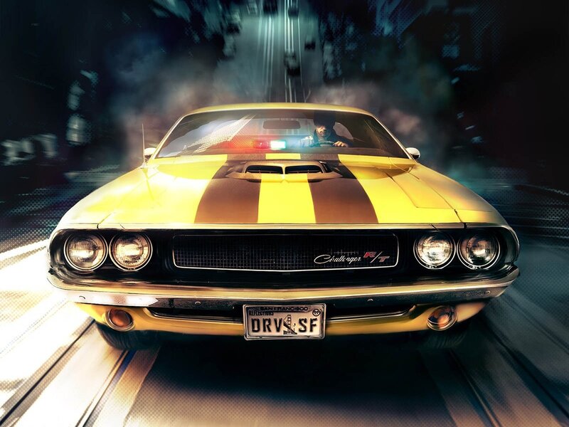 Yellow muscle car in motion