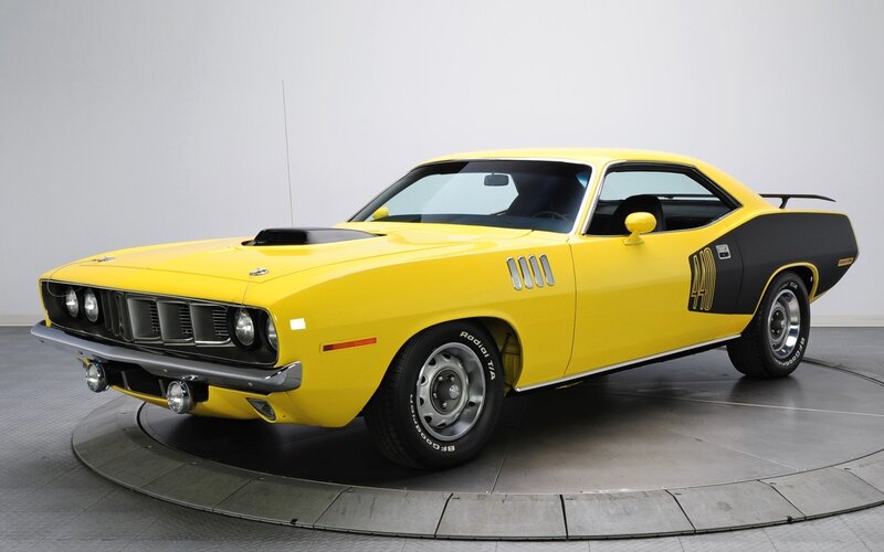Yellow Muscle Car — Neutral, Photograph, Black Stripe, Hood Scoop, Tire