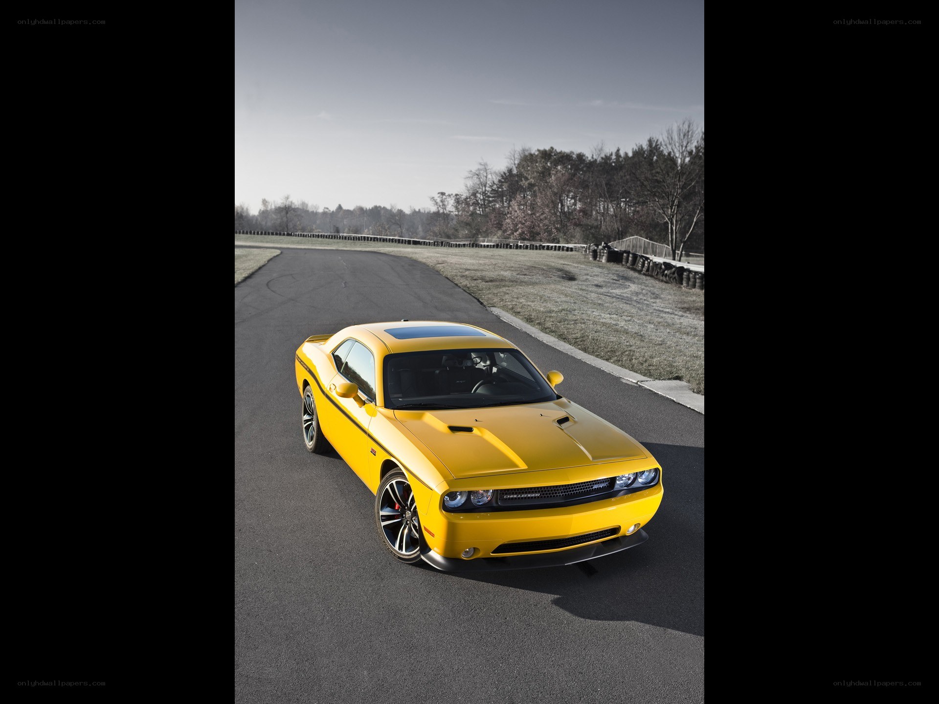 Yellow muscle car on track