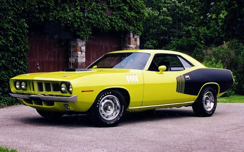 Yellow muscle car parked outside