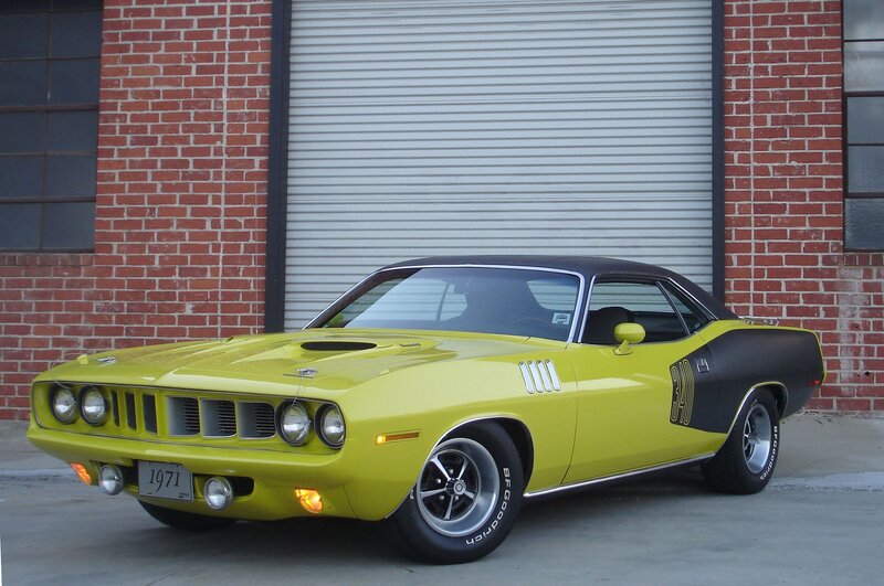 Yellow Muscle Car — Static, Afternoon, Photograph, Brick Wall, Garage Door