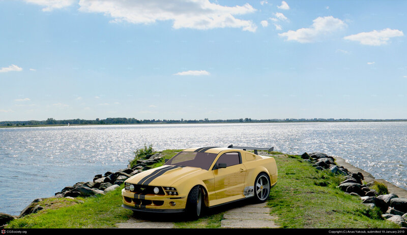 Yellow Mustang by the water
