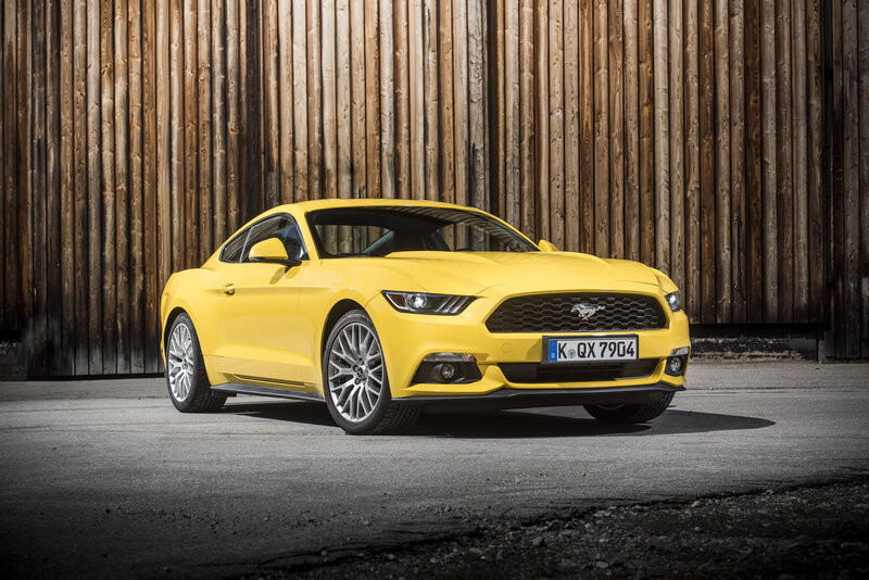 Yellow Mustang Car — Dramatic, Afternoon, Photograph, Wooden Wall