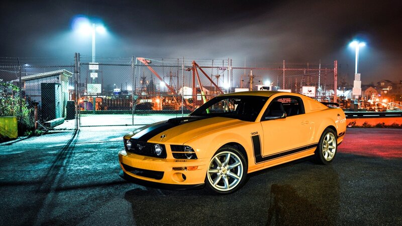Yellow Mustang Car — Dramatic, Night, Photograph