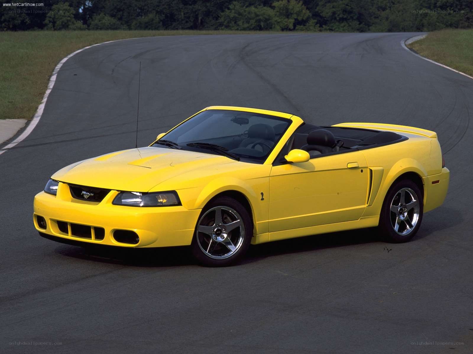 Yellow Mustang convertible on track