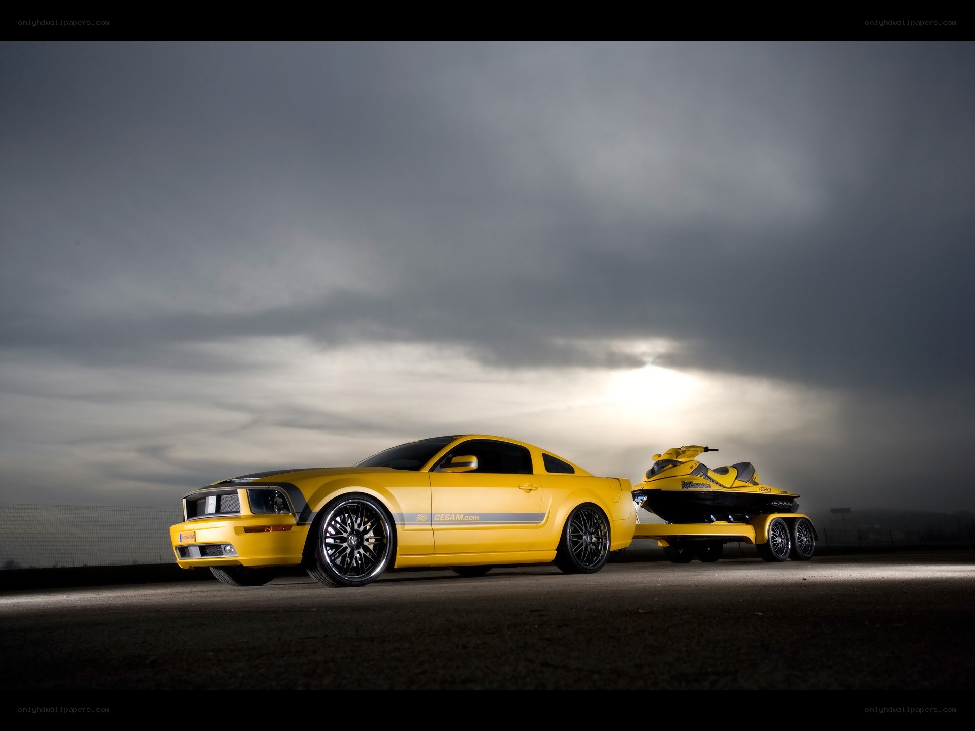 Yellow Mustang with Jet Ski