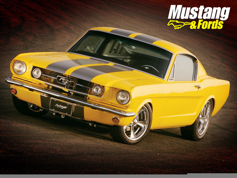 Yellow Mustang with stripes
