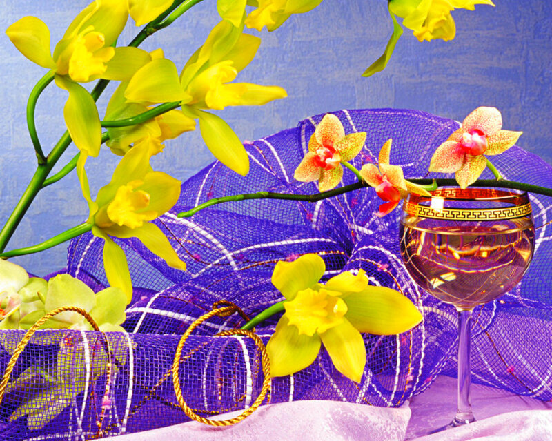 Yellow Orchids and Wine Glass