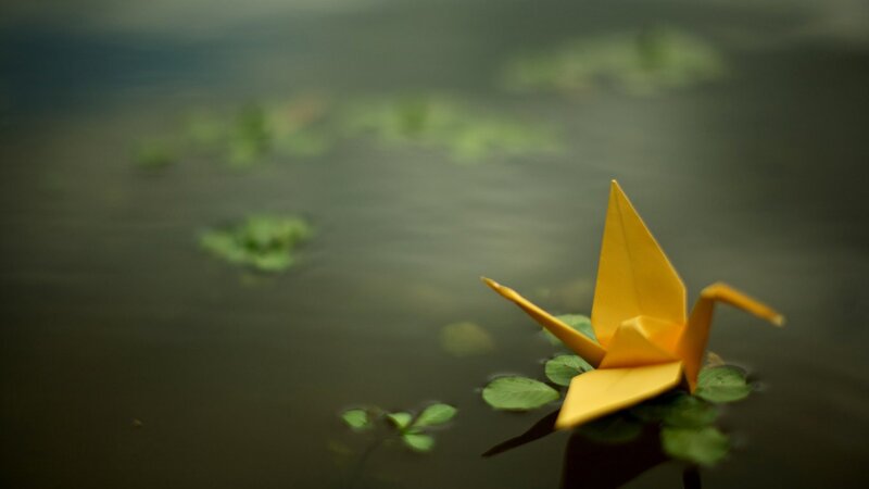Yellow origami crane on water