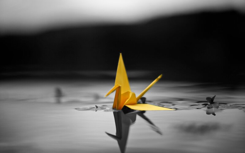 Yellow origami crane on water