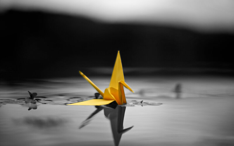 Yellow Origami Crane — Serene, Photograph, Paper, Water