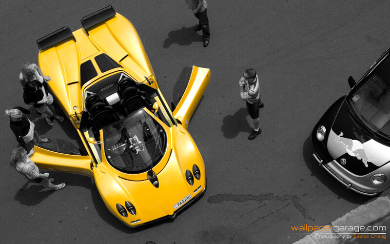 Yellow Pagani sports car on display