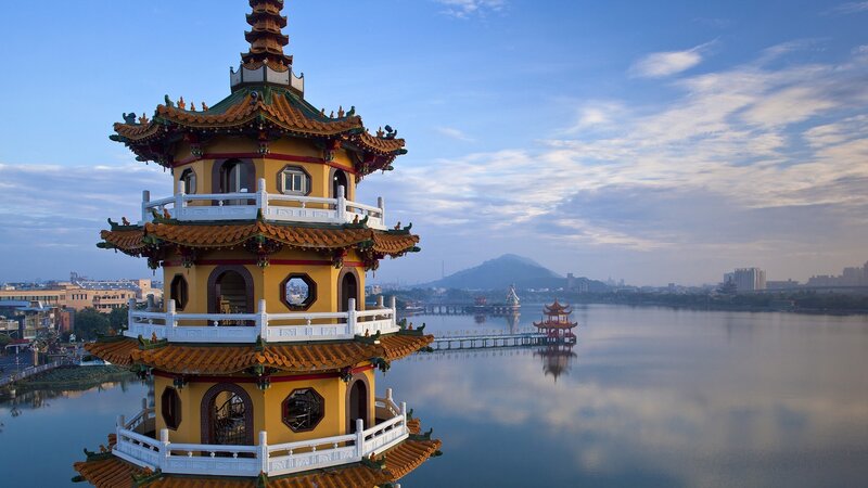 Yellow Pagoda on Lake — Blue