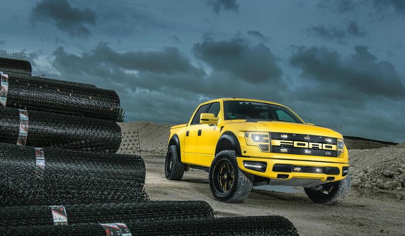Yellow Pickup Truck — Dramatic, Photograph, Rolls of Wire Mesh