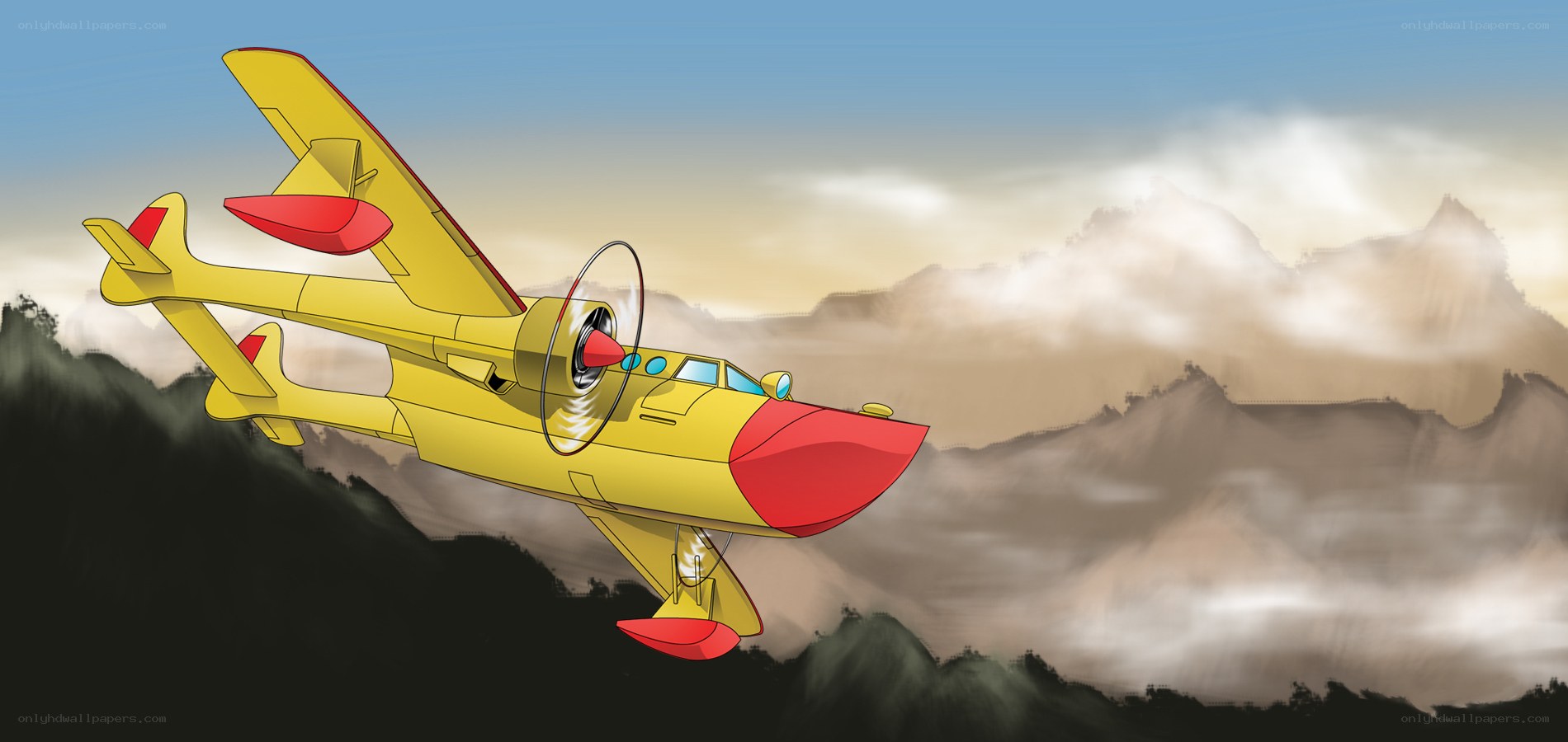 Yellow plane flying over mountains