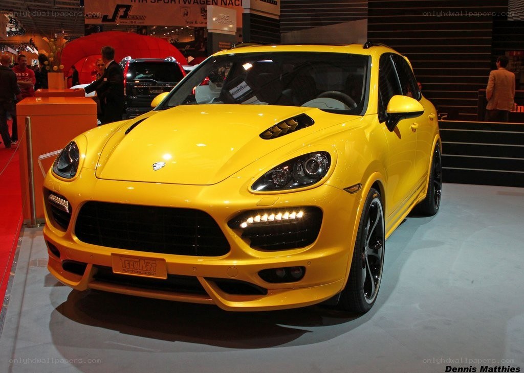 Yellow Porsche Cayenne on display