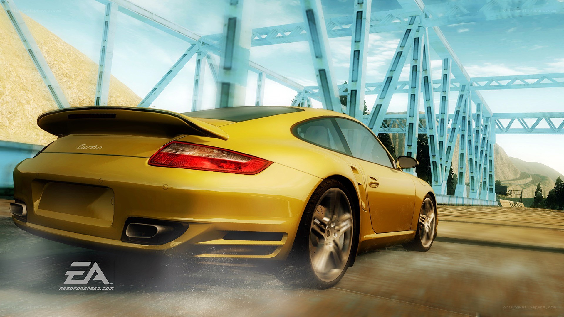 yellow porsche on a bridge