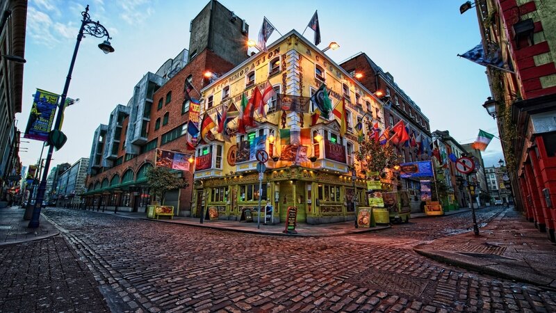 Yellow Pub on Cobblestone Street — Dramatic
