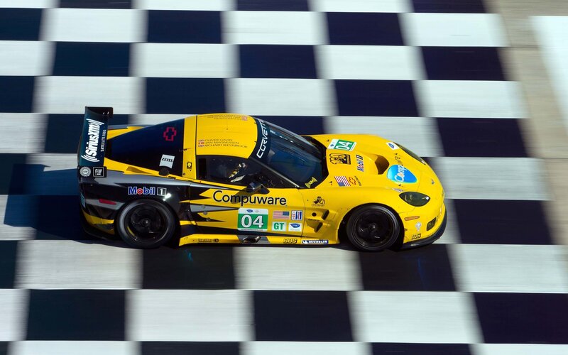 Yellow race car at finish line