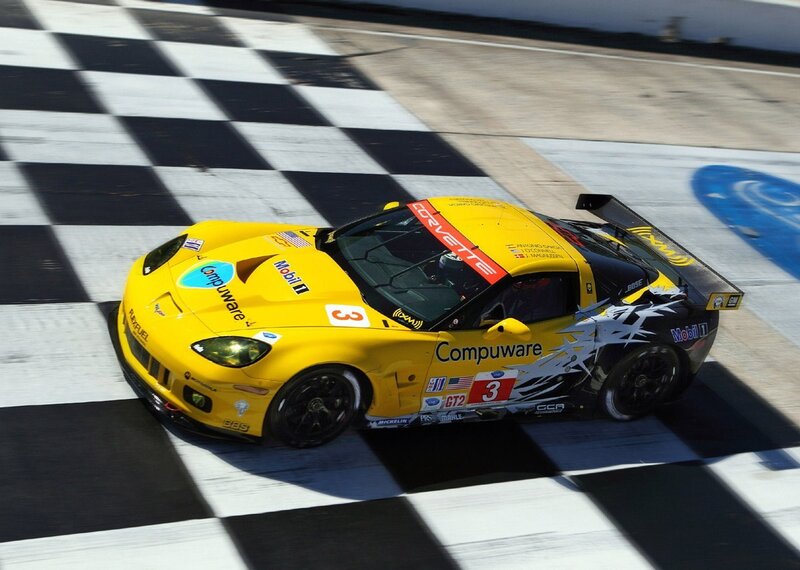 Yellow race car at finish line