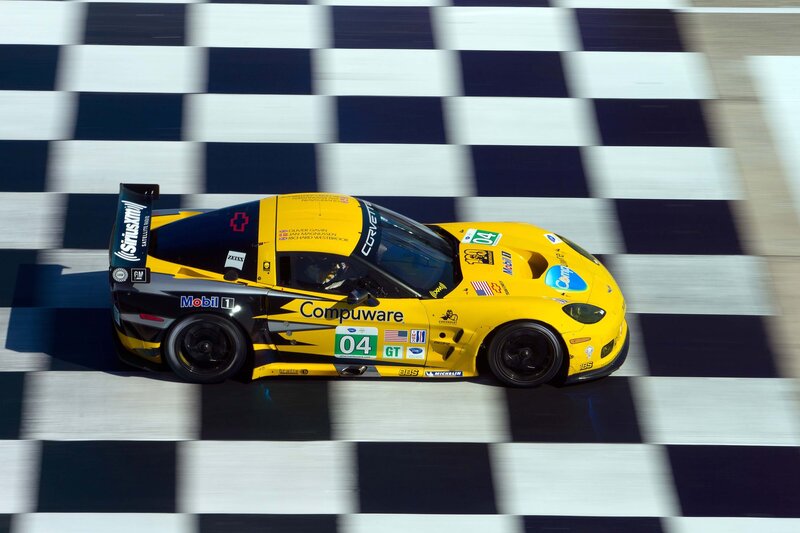 Yellow race car at finish line