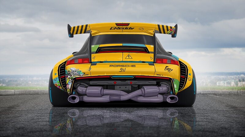 Yellow Race Car — Dramatic, Afternoon, Digital Art, Sticker