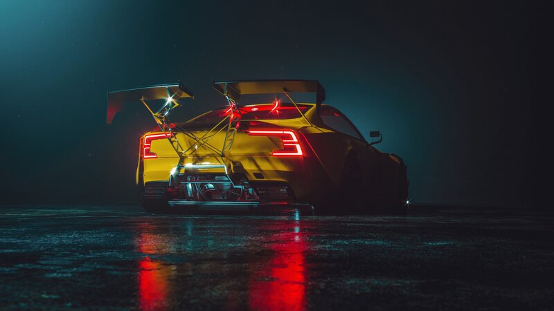 Yellow Race Car — Dramatic, Night, 3d Render, Wings