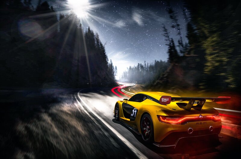 Yellow Race Car — Dramatic, Night, Digital Art, Forest