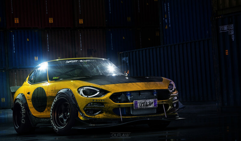 Yellow Race Car — Dramatic, Night, Digital Art, Shipping Containers
