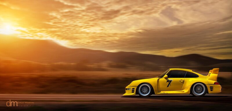 Yellow Race Car — Dramatic, Sunset, Digital Art, Road