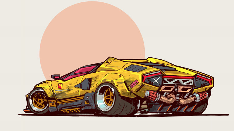 Yellow Race Car — Dramatic, Sunset, Digital Art, Sun