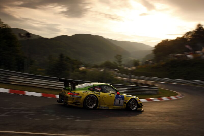Yellow Race Car — Dramatic, Sunset, Photograph, Race Track